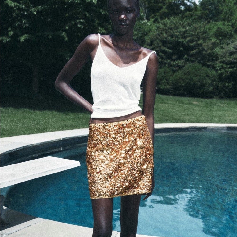 ZARA WOMAN NWT SS24 ZW COLLECTION SEQUINNED MINI SKIRT GOLD 4786/116 S